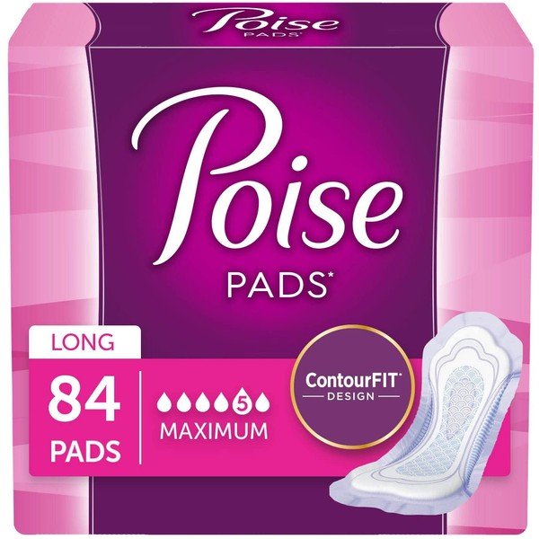 Poise Incontinence Pads for Women, Maximum Absorbency, Long, 84 Count (2 Packs of 42) (Packaging May Vary)