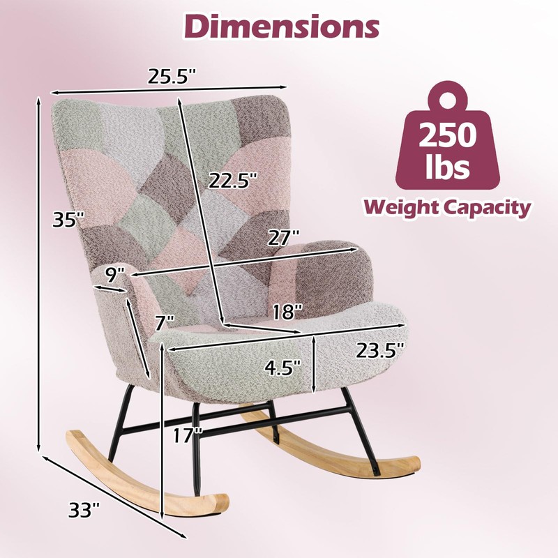 Giantex Rocking Chair Nursery, Teddy Upholstered Glider Rocker w/Ergonomic High