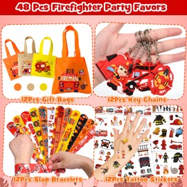 Latocos Fireman Party Bag Children's Birthday Gift Bag Firefighters Fire Engine Helicopter Key Ring Snap Bracelet Tattoos Fire Brigade Toy for Boys