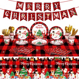 173 Pieces Christmas Party Supplies Buffalo Christmas Paper Plates and Napkins Disposable Xmas Tableware Set Merry Christmas Plaid Tablecloths Banner for Christmas Holiday Party Decor Serves 24 Guests