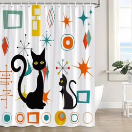 Mid Century Black Cat Shower Curtain Modern Atomic Cat Abstract Geometric Pattern Vintage Funny Retro 1950s 1960s White Fabric Bathroom Curtain Decor with Hook
