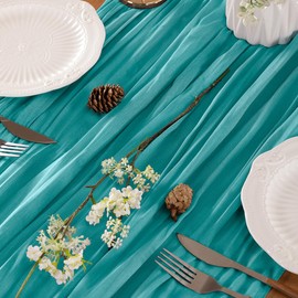 LINXTAR Teal Table Runner Cheesecloth Table Runner 4 Pack 10FT Farmhouse Table Runners 120 Inches Fall Table Decor Dining Room Centerpiece Wedding Boho Baby Shower Birthday