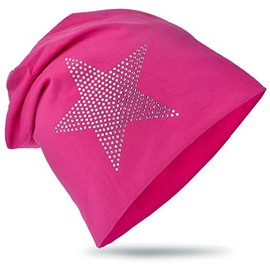 Unisex Children’s Jersey Slouch, Beanie, Long Beanie with Rhinestone Star, Cotton, Trendy, Unisex - magenta, size: 54-58