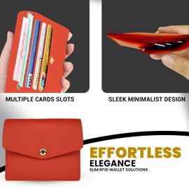 FATASH Credit Card Holder, PU Leather Wallet with 3 Card Slots & 1 Cash Pocket & Snap Button Closure, RFID Blocking Card Protector Case for Women - Red