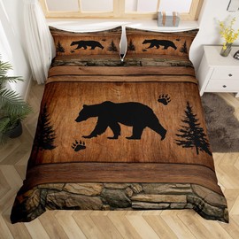 Manfei Rustic Bear Duvet Cover Set King Size, Wildlife Hunting Theme Comforter Cover with 2 Pillowcases, Wild Animal Bedding Set 3pcs for Kids Boys Teens Room Decor, Wooden Board Bedspread Cover