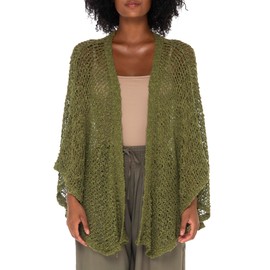 SHU-SHI Lightweight Open Front Cardigan for Women Hollow Out Sweater Knitted Poncho Batwing Loose Popcorn Shawl Boho Wrap Olive