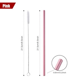 Stainless Steel Drinks Straws Reusable Metal Straws Pink 12 Straight with 1 Cleaning Brush