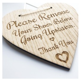 Please Remove Your Shoes Before Going Upstairs! Bottom of Stairs Hanging Door Sign Wooden Plaque