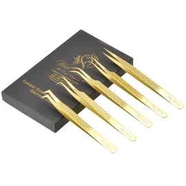 Wishbeauty Eyelash Extension Tweezers Set 5 PCS for Volume Lash Extensions Stainless Steel Eyelash Tweezers for Extensions - Gold