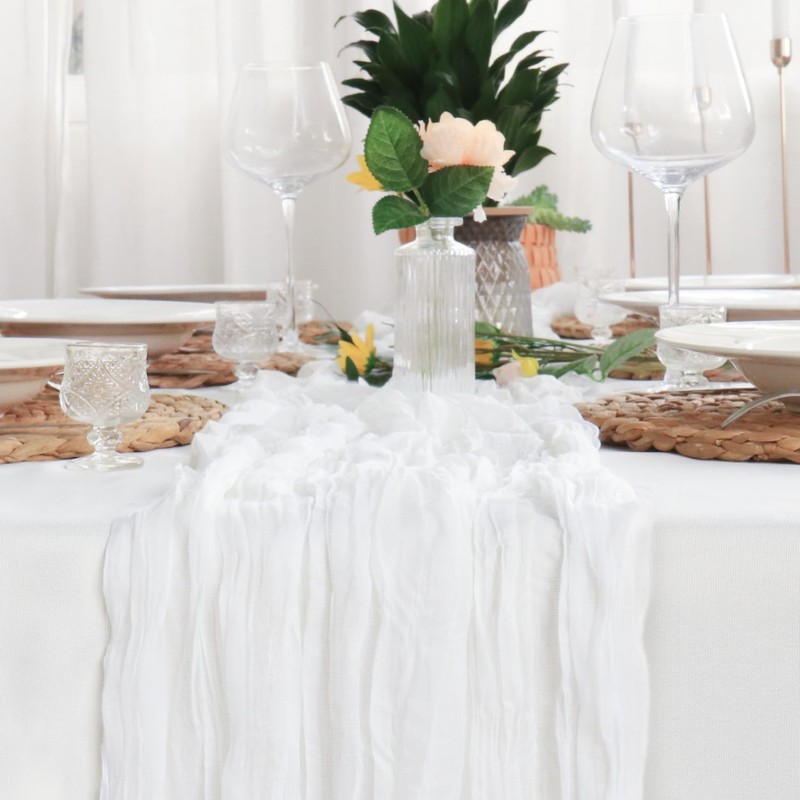Sevenpers Cheesecloth Table Runner, 35"x120" Rustic Boho Gauze White Table