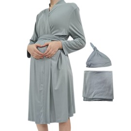 SUFEINI Maternity Robes and Matching Swaddle Blanket Set, Women Mommy Postpartum Robe Hospital Labor and Delivery Gown