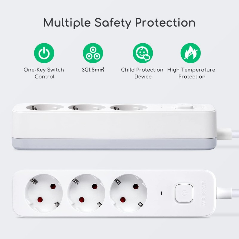 Aigostar 3-Way Power Strip with Switch, Multiple Socket with Child
