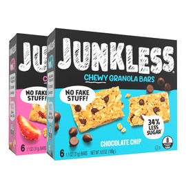 Junkless Chocolate Chip & Strawberry Chewy Granola Bars Twin Pack - Less Sugar, Great Tasting, Wholesome Snacks - 1.1 oz. Bars