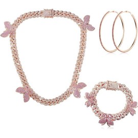 3 Pieces Butterfly Cuban Jewelry Set Cuban Link Chain Necklace for Women Rhinestone Butterfly Pendant Necklace Rhinestone Butterfly Bracelet Large Hoop Earrings Bling Earrings - Color: Rose Gold, Pink, Size: Cute
