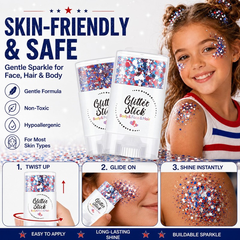 2Pcs Glitter Stick, Red White and Blue Glitter Stick, Rave