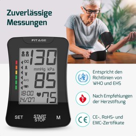 FITAGE Blood Pressure Monitor Upper Arm Digital Blood Pressure Monitor and Heart Rate Monitor with Memory Function Cuff Seat Control for Upper Arm Circumferences of 22-42 cm, Arrhythmia Detection