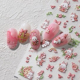 Easter Nail Art Stickers 5D Flower Bunny Embossed Nail Decals 1PCS Pink Floral Bow Green Leaf Cute Bunnies Nails Design Adhesive Stickers Spring Manicure Supply for Women DIY Nail Art Decorations