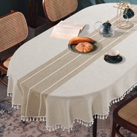 HOMBYS Solid Embroidery Oval Tablecloth with Tassels for Oval Table, 60 x 84 Inch Lace Dust-Proof Table Cover for Kitchen Dinning, Wrinkle Free Anti-Fading Tabletop Decoration