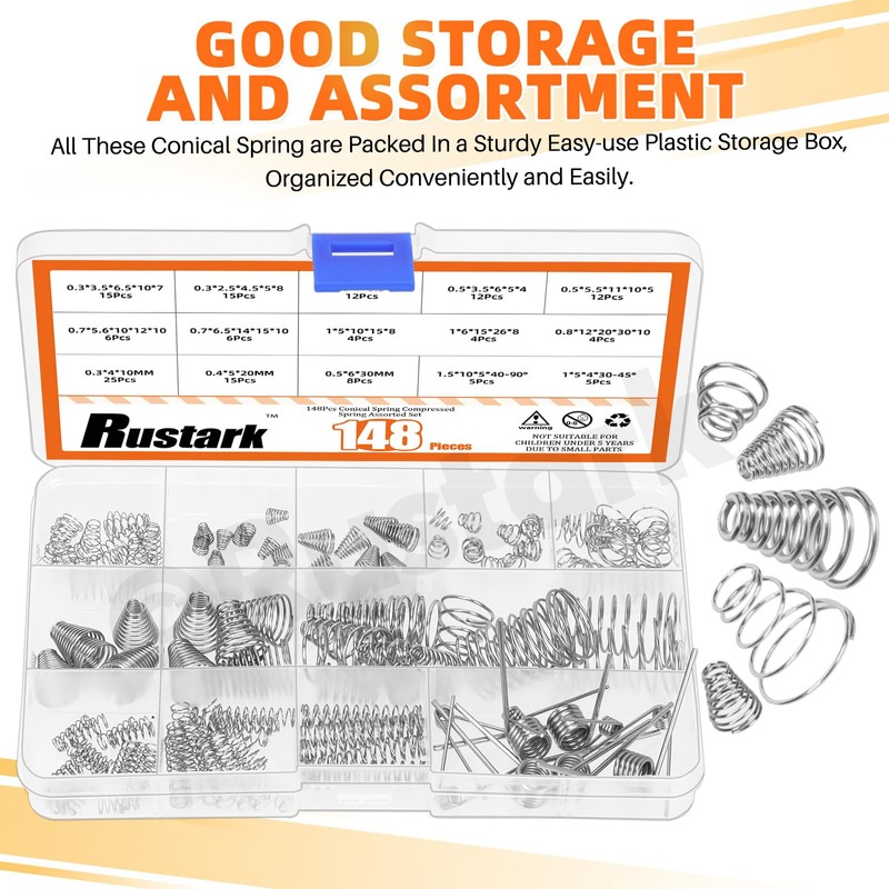 Rustark 148Pcs 15 Sizes Stainless Steel Conical Spring Compression Springs