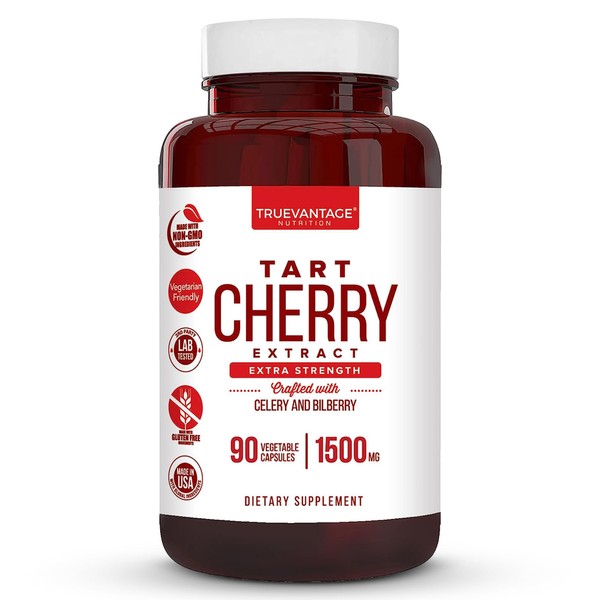 Truevantage Nutrition Tart Cherry Extract Capsules with Celery Seed Extract and Bilberry for Joint Support, Muscle Recovery, and Uric Acid Flush Support, Made in The USA - 90 Tart Cherry Capsules
