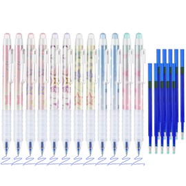 BAYTORY Erasable Pens, Retractable Fine Point 0.5mm Gel Pens with Eraser Clear, 12Pcs Blue Ink Pens & 10Pcs Refills, Smooth Writing for Note Taking Crossword Puzzles (Star)