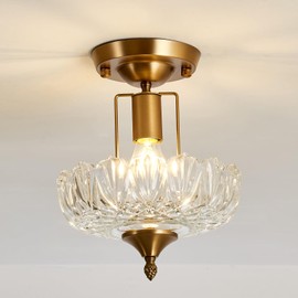 UOFUS Vintage Gold Semi Flush Mount Ceiling Light Fixture with Clear Glass Shade Flower Small Chandelier Brass Close to Ceiling Light for Hallway Entryway Bedroom Porch Foyer Corridor Kitchen