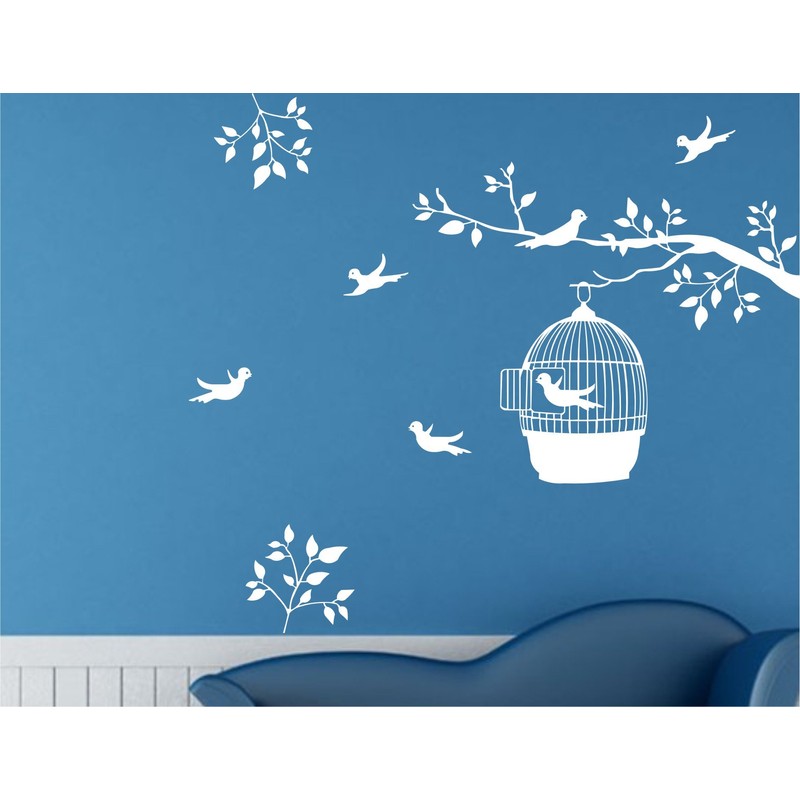 Heaven Decors Bird on Tree with Birdcage and Flying Birds