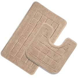 HEBE Bath Rug Set 2 Piece Beige Non Slip Bathroom Contour Rug Combo Microfiber Bath Shower Mat and U-Shaped Toilet Rug Machine Washable(21"x34"+20"x20")