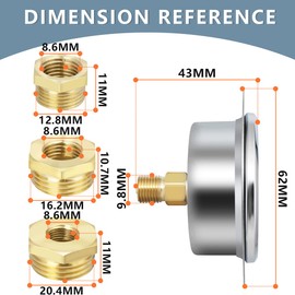 Innfeeltech 1-Pcs 40 mm Flange Panel Mount Pressure Gauge BSP 1/8 Inch 0-14 Bar 0 ~ 200 Psi with 3 Piece Socket 1/8 Inch to 1/4 Inch, 1/8 Inch to 3/8 Inch and 1/8 Inch to 1/2 Inch Axial