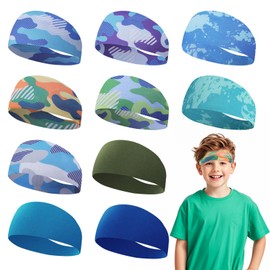 Fumwase 10 Pieces Boys Headbands Athletic Sweatbands Headbands 16 inch Elastic Sports Wicking Headbands Breathable Soft Sweatband Head Wrap for Basketball Football Cycling Running (Stylish Style, 10)
