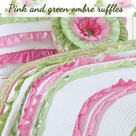Cozy Line Home Fashions Pink Green Chic Ruffles Girl 100% Cotton Reversible Quilt Bedding Set, Coverlet, Bedspreads (Twin - 2 Piece: 1 Quilt + 1 Sham)