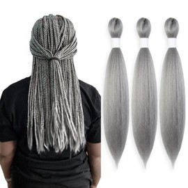KAVSORAPI Grey Braiding Hair 20 Inch Pre Stretched Hair Colored Long Straight Crochet Braids Yaki Texture Synthetic Fiber 3 Packs (Grey)