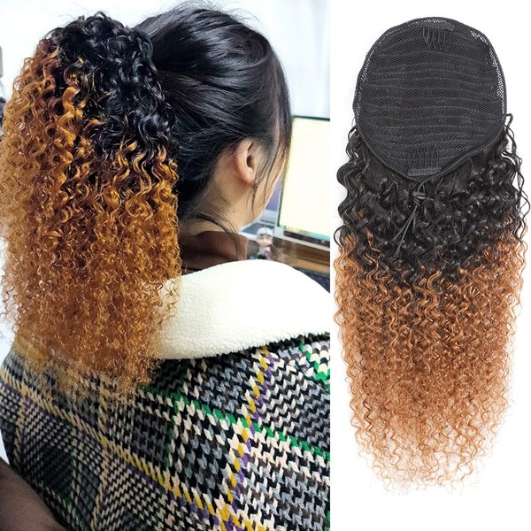 Feelgrace Kinky Curly Ponytail Extensions Kinky Curly Remy Human Hair Extensions 1B/Brown Ponytail Hair Piece Kinkys Curly Drawstring Clip in Ponytail Extension for Black Women (14 Inch)
