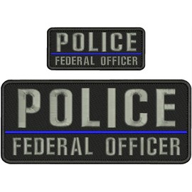 Police Federal Officer Blue LINE EMB Patch 4X10 and 2X5 Hook ON Back BLK/Gray - Embroidery Patch for Jacket Hat Backpack