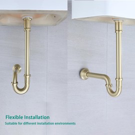 Brass P Trap U-Shape 11/4 inch Sink Drain Pipe with Slip Joint Extension Tub,12 inch Vertical Pipe length Adjustable Height Sink Waste Trap Drain Kit,Brushed Gold,SE83555BG-L