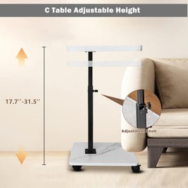 BeGyoku C Table End Table Adjustable Height,Couch Tables That Slide Under,C Shaped End Table with Wheels,Small C Shaped Side Table Living Room&Bedroom,Swivel Tray Table for Drink&Snack-Square White