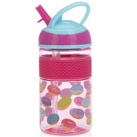 Nuby Thirsty Kids Flip-it Freestyle On The Go Botella de agua con taza de popote duro resistente a mordidas y banda de fácil agarre, rosquillas, 12 onzas