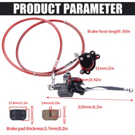 JINGKE 50 Inch Upgraded Hydraulic Brake Master Cylinder Caliper With Brake Pad Assembly Hose Tube for 97cc 2.8HP Baja Doodle Bug DB30 Blitz Dirt Bug Racer Mini Bike Motorsports Go Karts（red）