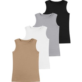 Ficerd 4 Pack Women's Sleeveless Tops, Casual Summer Loose Fit T Shirts Solid Color Tunic Tank Tops Ladies' Crew Neck Tee (Black, White, Light Gray, Khaki,XX-Large)