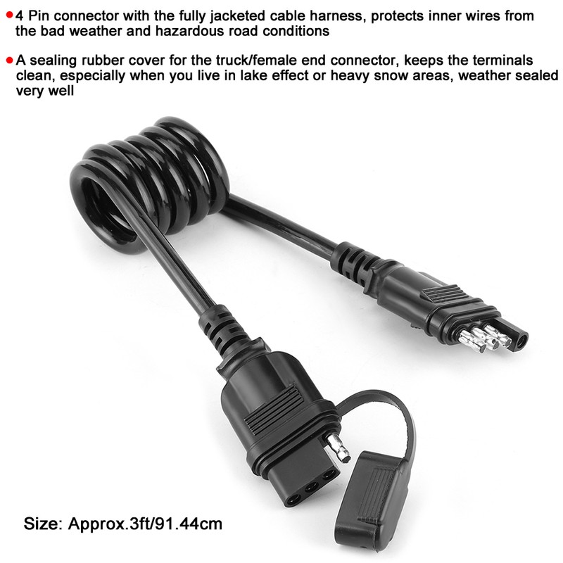 4-Pin Flat Extension Harness 3ft Waterproof Cover American Style Flexible
