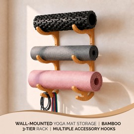 3-Tier Bamboo Yoga Mat Holder Wall Mount, Yoga Mat Storage Rack Organizer
