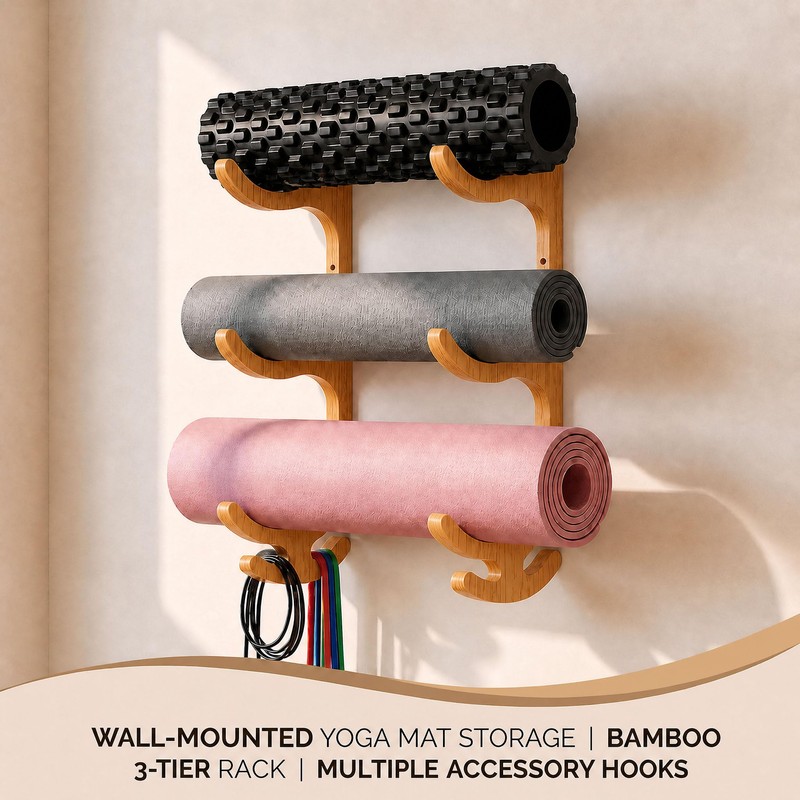 3-Tier Bamboo Yoga Mat Holder Wall Mount, Yoga Mat Storage