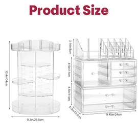 Canchiing Acrylic Makeup Organizer Set, 360 Rotating Makeup Organizer, Clear Drawer Vanity & Countertop Cosmetic Storage for Brushes, Jewelry, for Vanity, Bathroom, Bedroom, Closet
