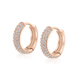 Bridal Fashion Wedding 3 Three Row Cubic Zirconia Pave CZ Endless Huggie Hoop Earrings For Women Hinged Pink Rose Gold Plated .65 Inch Diameter