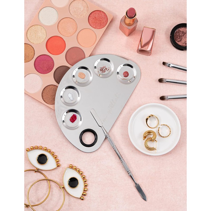 PALETA DE ACERO INOXIDABLE PARA MEZCLA DE MAQUILLAJE CON ESPATULA