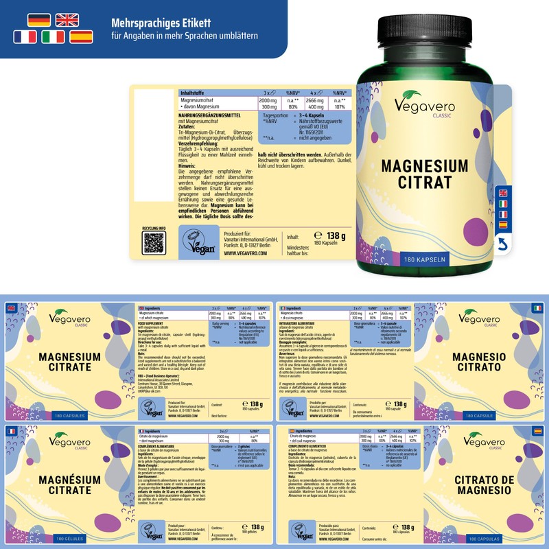 Vegavero Magnesium Citrate Capsules Pack of 180 – 400 mg