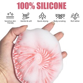Silicone Body Scrubber Shower Brush Gentle Exfoliating for Sensitive Skin No-Slip Handheld Bath Scrubbers Body Brushes (Pink)