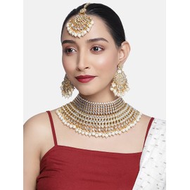 Aheli Wedding Designer Faux Kundan Indian Bridal Necklace with Maang Tikka Set Ethnic Traditional Jewelry for Women (White)