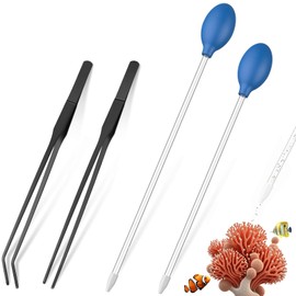KABASI 4 in 1 Aquarium Coral Feeder Kit, 2PCS Coral SPS HPS Coral Feeder with 2PCS Tweezers, Long Arcylic Marine Reef Aquarium Syringe Liquid Fertilizer HPS Tube for Reef/Anemones/Eels/Lionfish