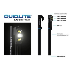 QuiqLite Tactical LiteStick 200 Lumens USB Rechargeable Programmable Pocket LED Flashlight - 1 Red, and 2 White LED Lights